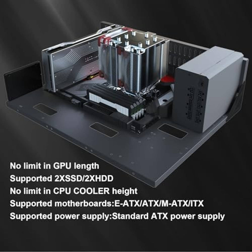 Open computer case tray with installed motherboard, CPU cooler heatsinks, and GPU