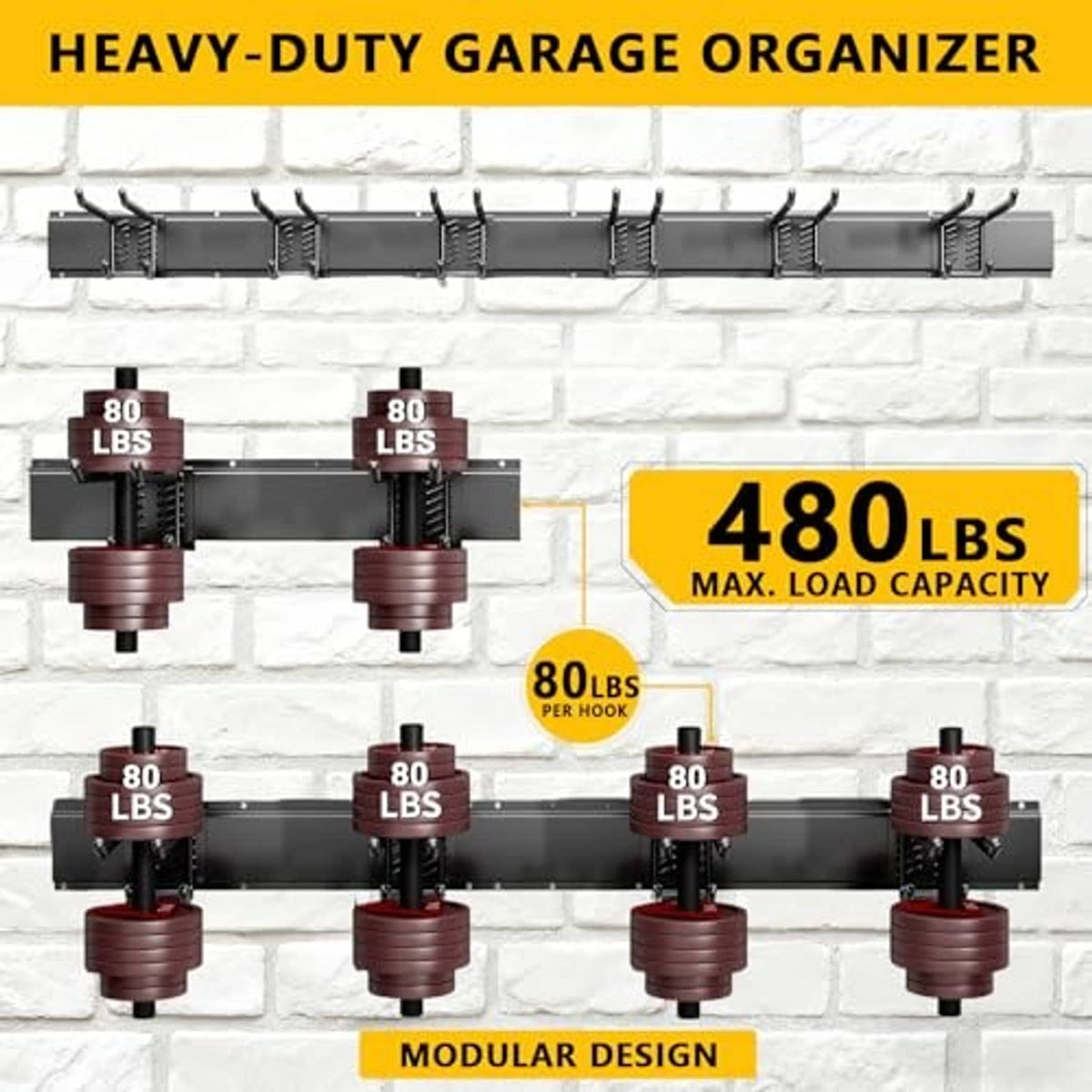 Heavy-duty wall rack organizer with multiple double hooks for hanging tools securely