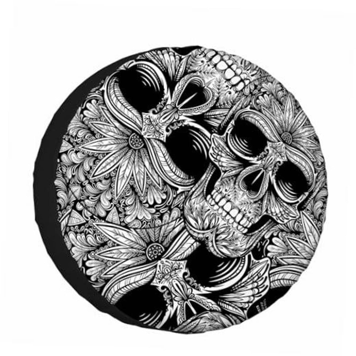 Skull wheel cover with black border and white ink-style skull protector design