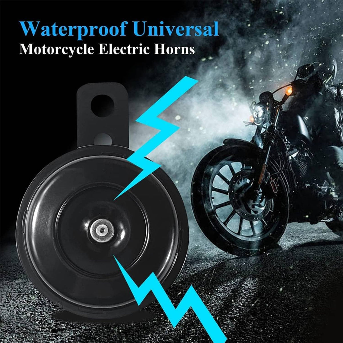 Black electric horn with mounting bracket and round face, side view