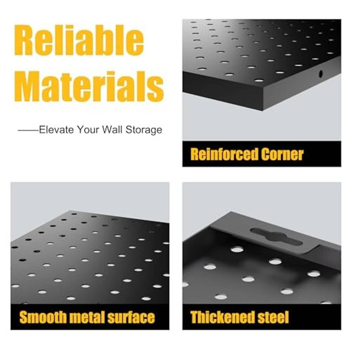 Black metal pegboard with reinforced corner, smooth surface, and thick steel construction