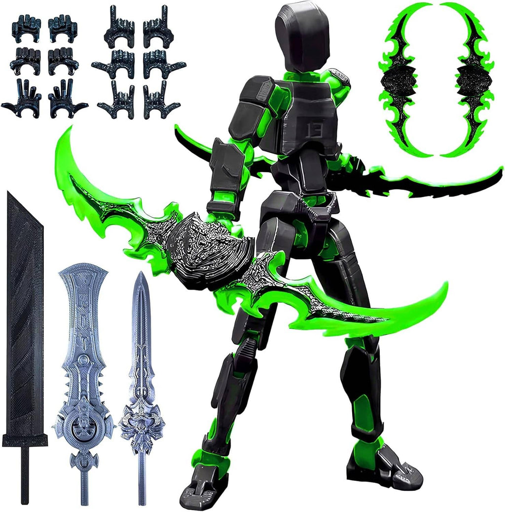 T13 green-and-black action figure holding scythe-style weapon, with extra hands and sword