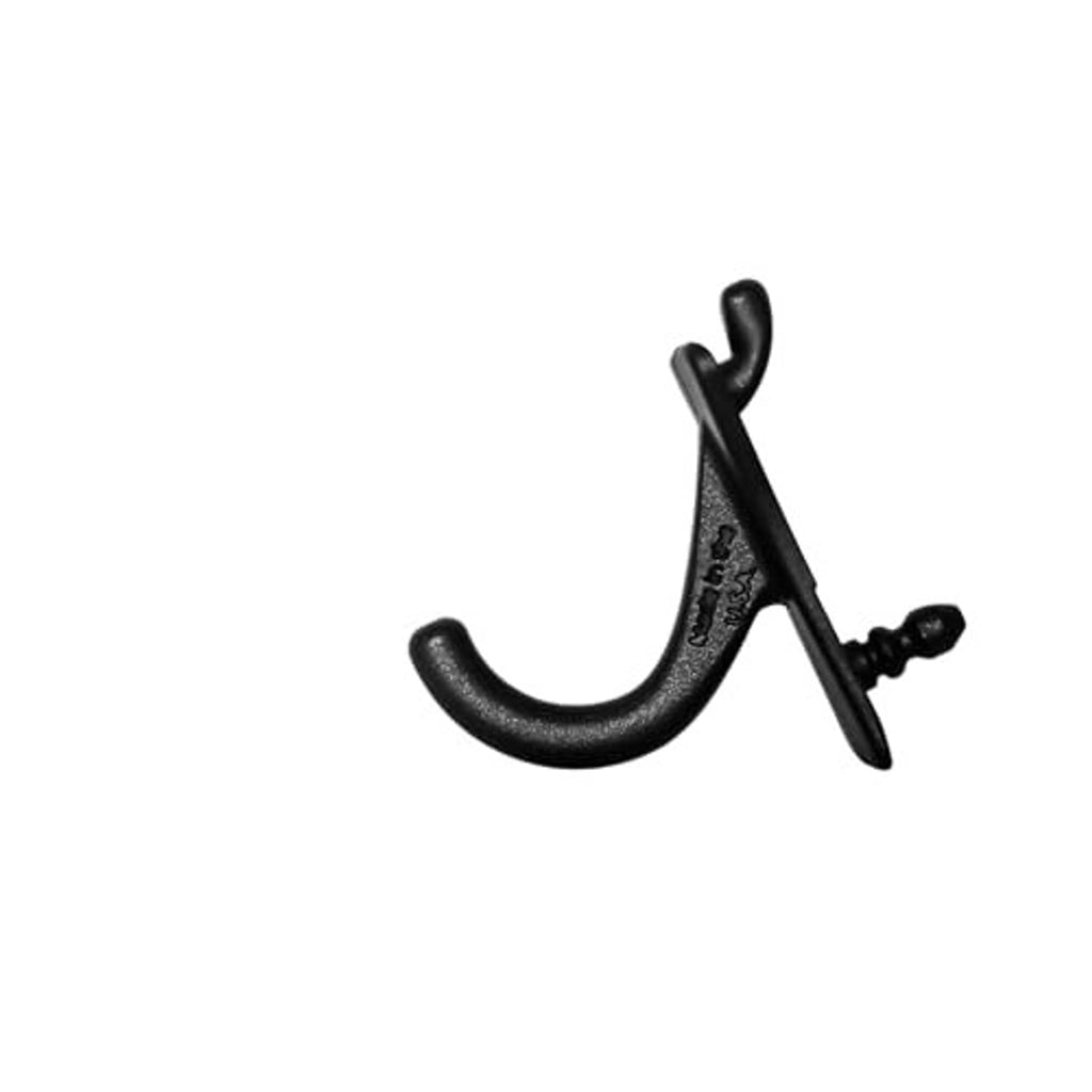Black metal J hook with curved arm and mounting screw, side view