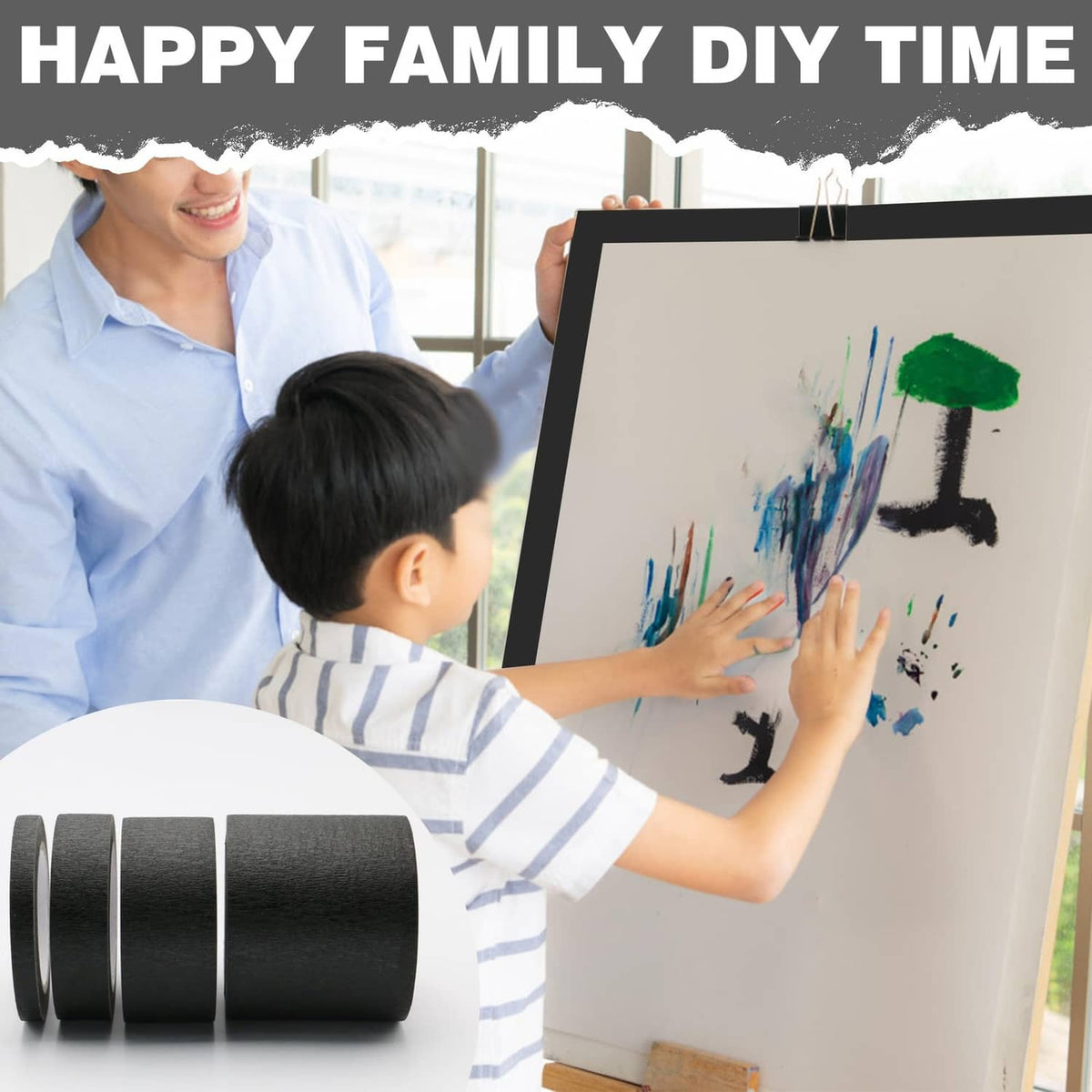 Black masking tape rolls beside a family DIY painting project
