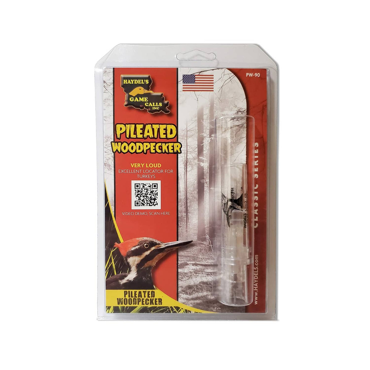 Pileated woodpecker call in retail blister package with PW-90 label