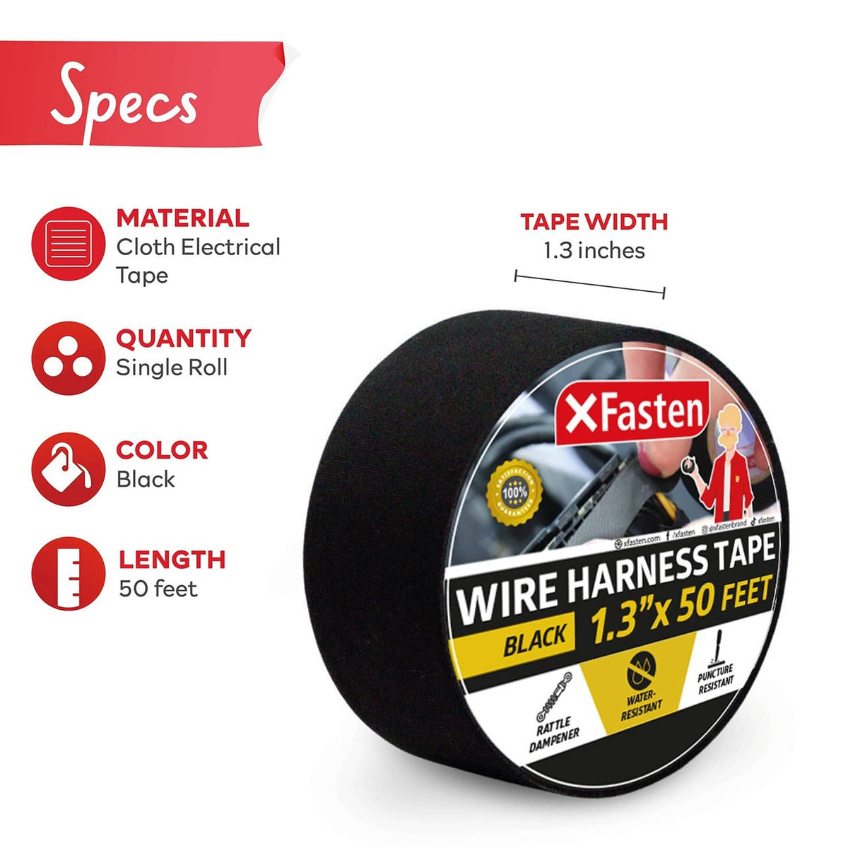 Black wire harness tape roll shown with 1.3 in width and 50 ft length