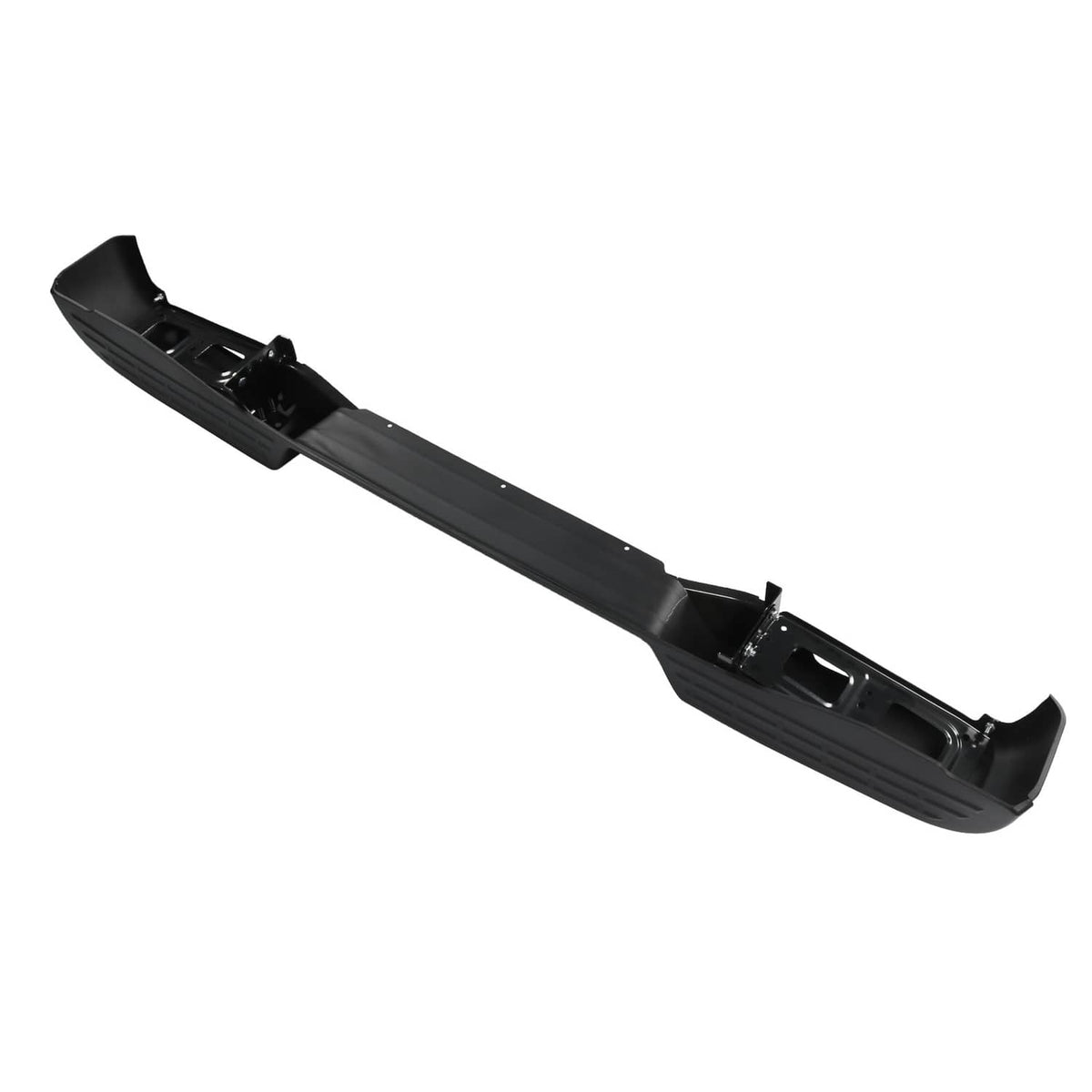 Black rear step bumper assembly angled view with side grilles and mounting brackets
