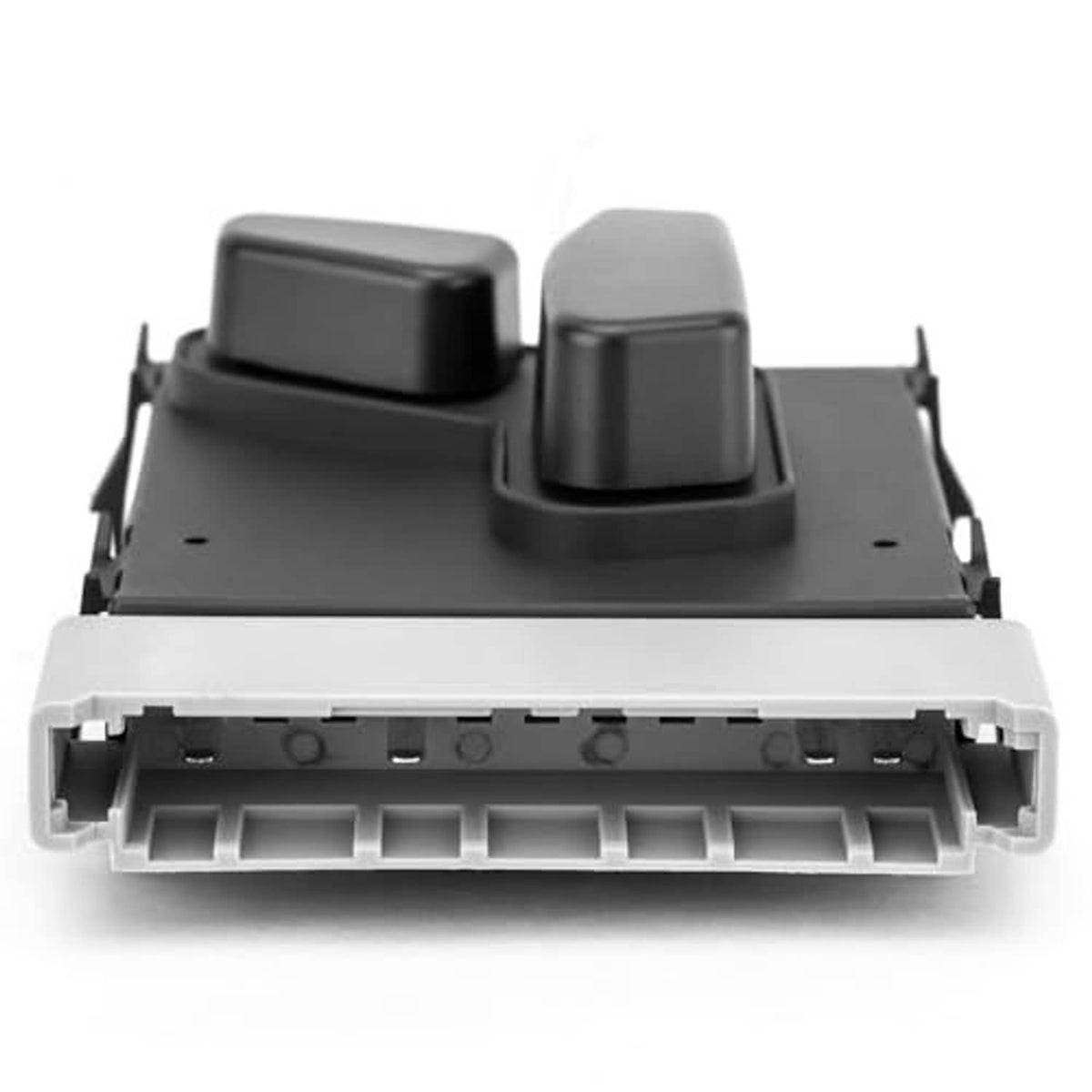 Power seat control switch module underside with connector and two raised dark buttons