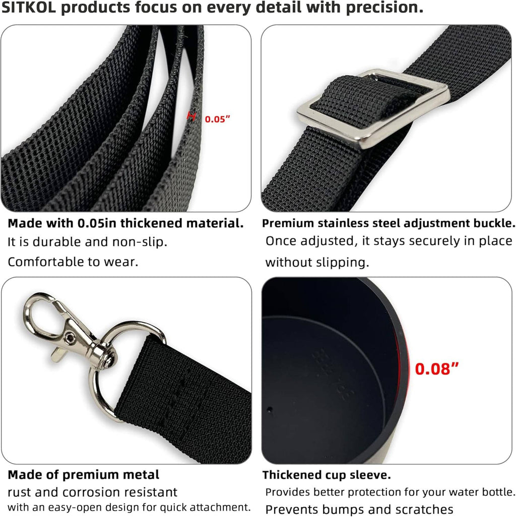 Black non-slip silicone cup sleeve and strap with metal buckle and attachment hardware.