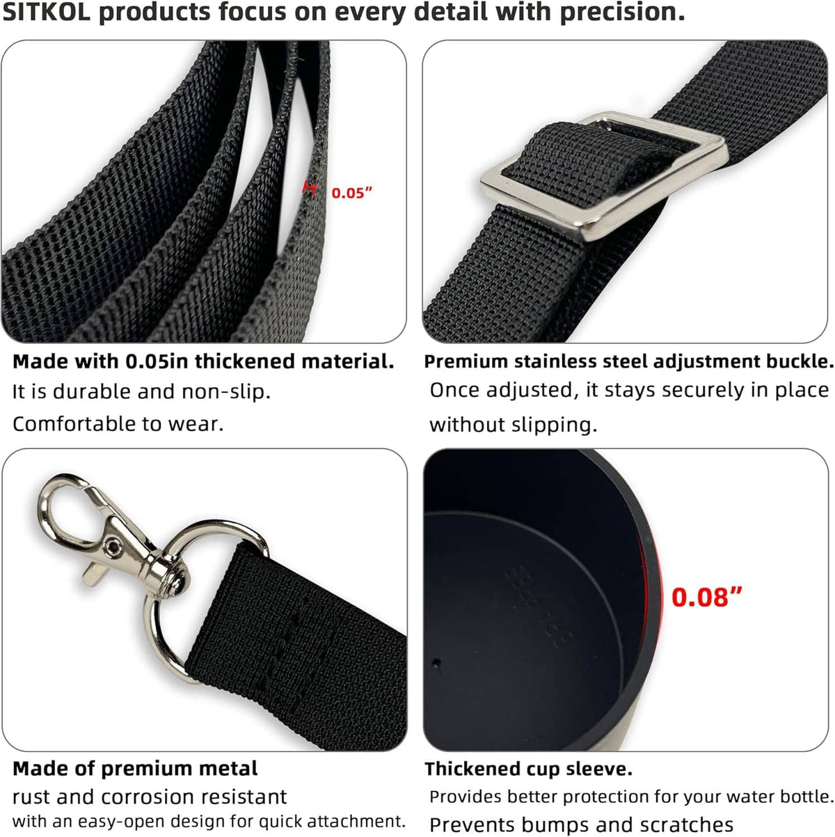 Black non-slip silicone cup sleeve and strap with metal buckle and attachment hardware.
