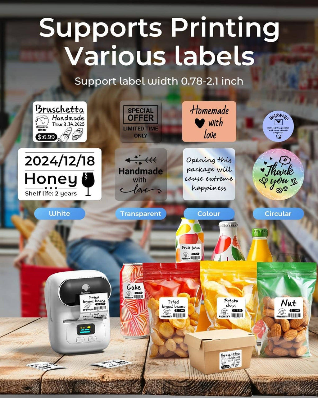 Compact white label printer with sample labels and printed label roll