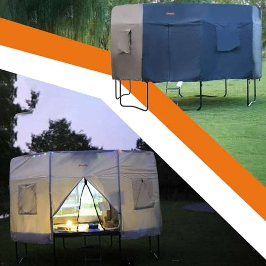 Beige and dark blue trampoline tent enclosures with arched front openings