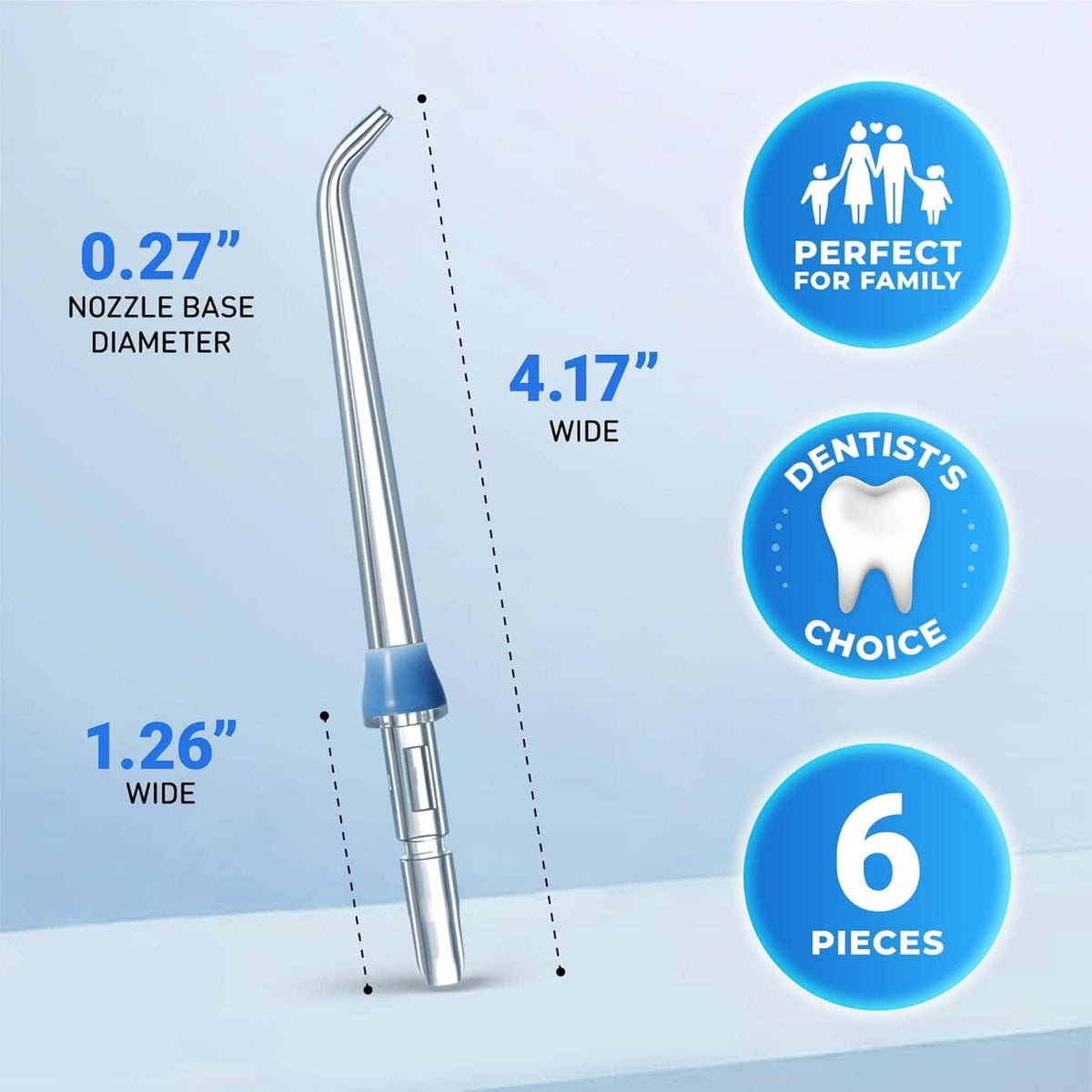 Water flosser replacement tip with blue base ring and measurement guide graphics