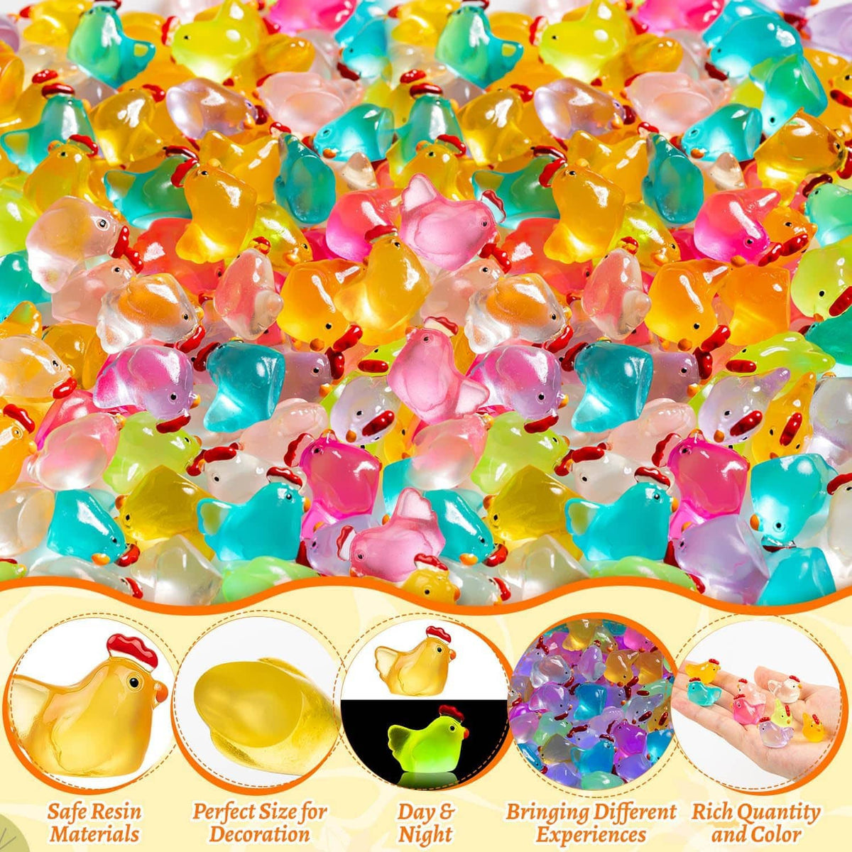 Multi-color mini chicken figurines, glossy resin look with red comb details