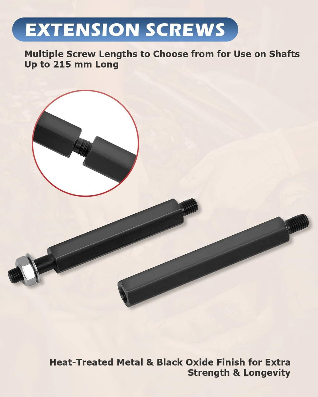Pair of black extension screws with threaded ends for bearing separator puller tools