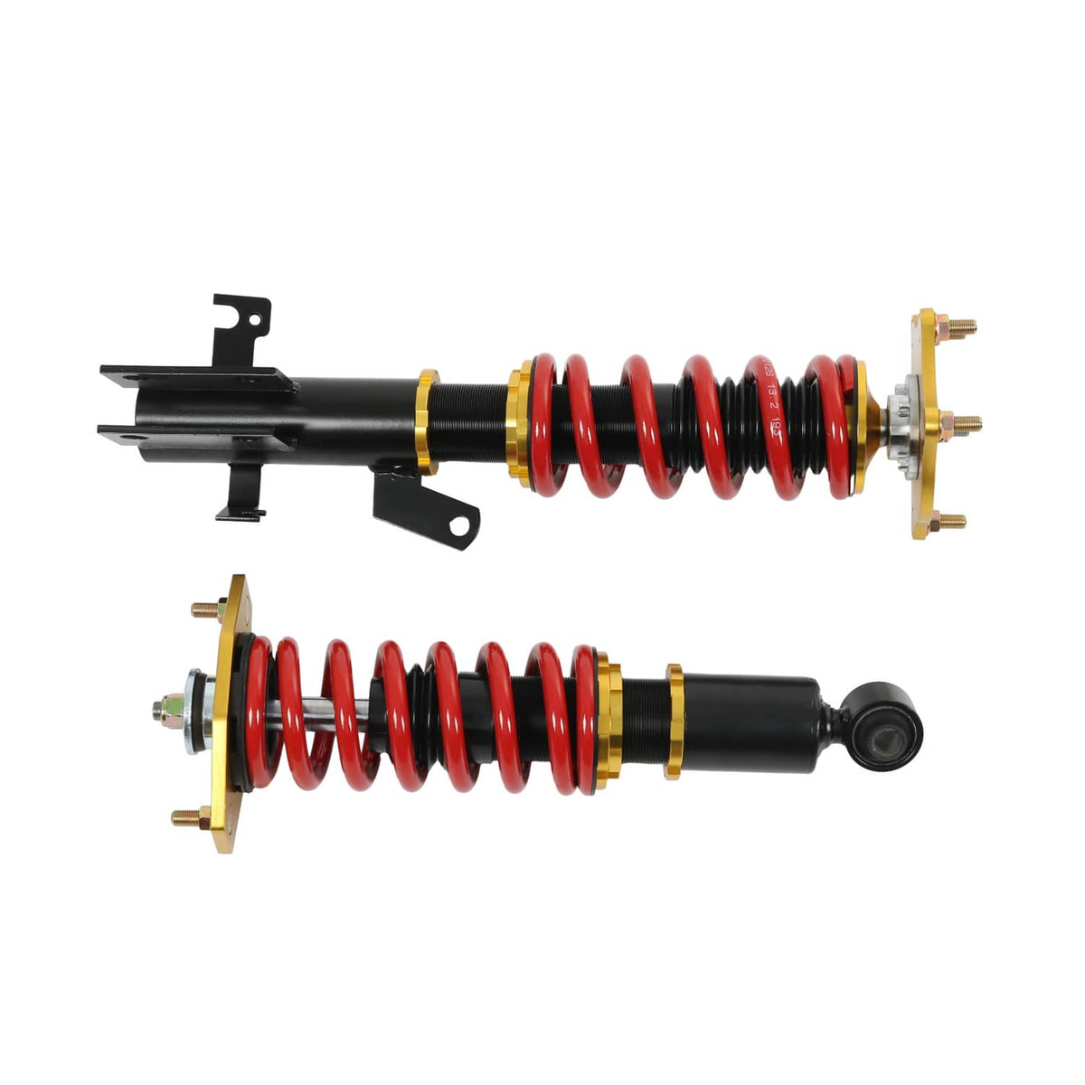 Coilover suspension pair showing red springs, black struts, and gold adjustment hardware