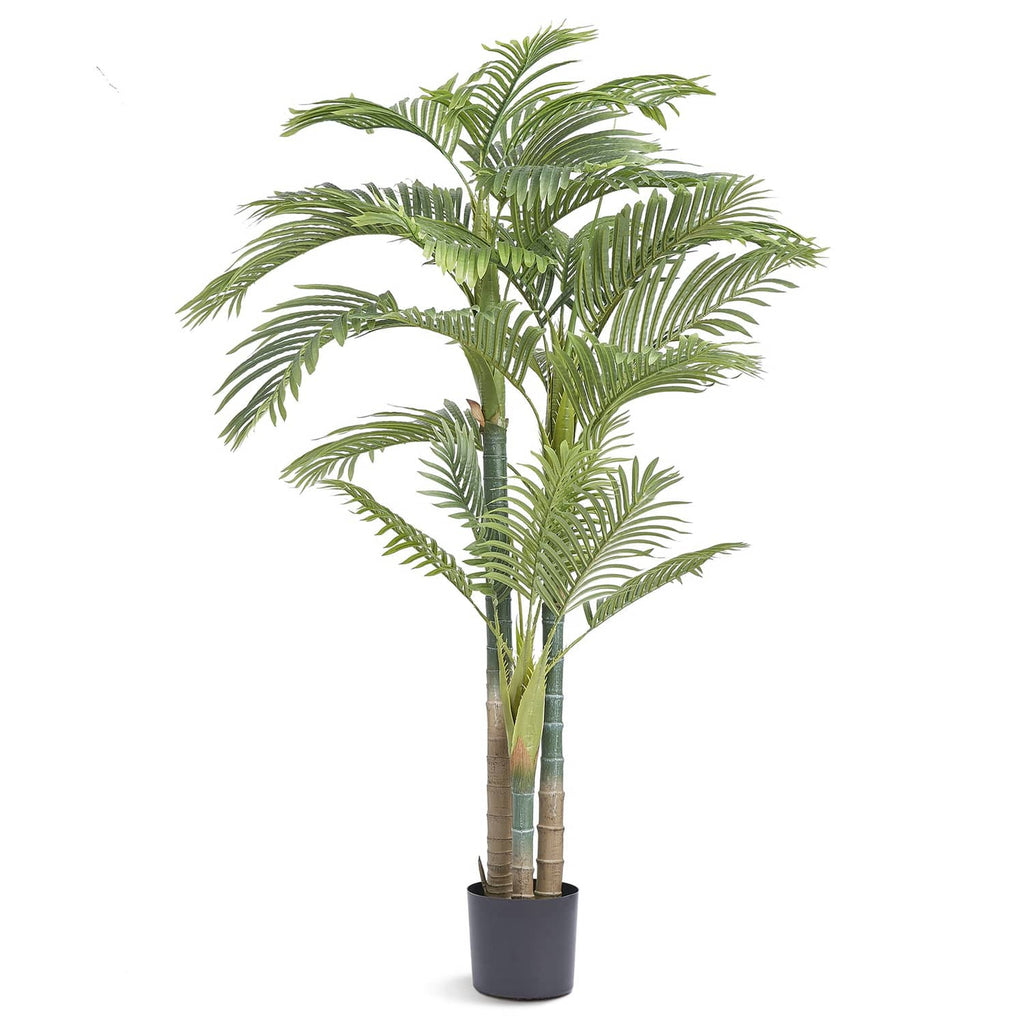 Artificial golden cane palm tree with green fronds and black base pot