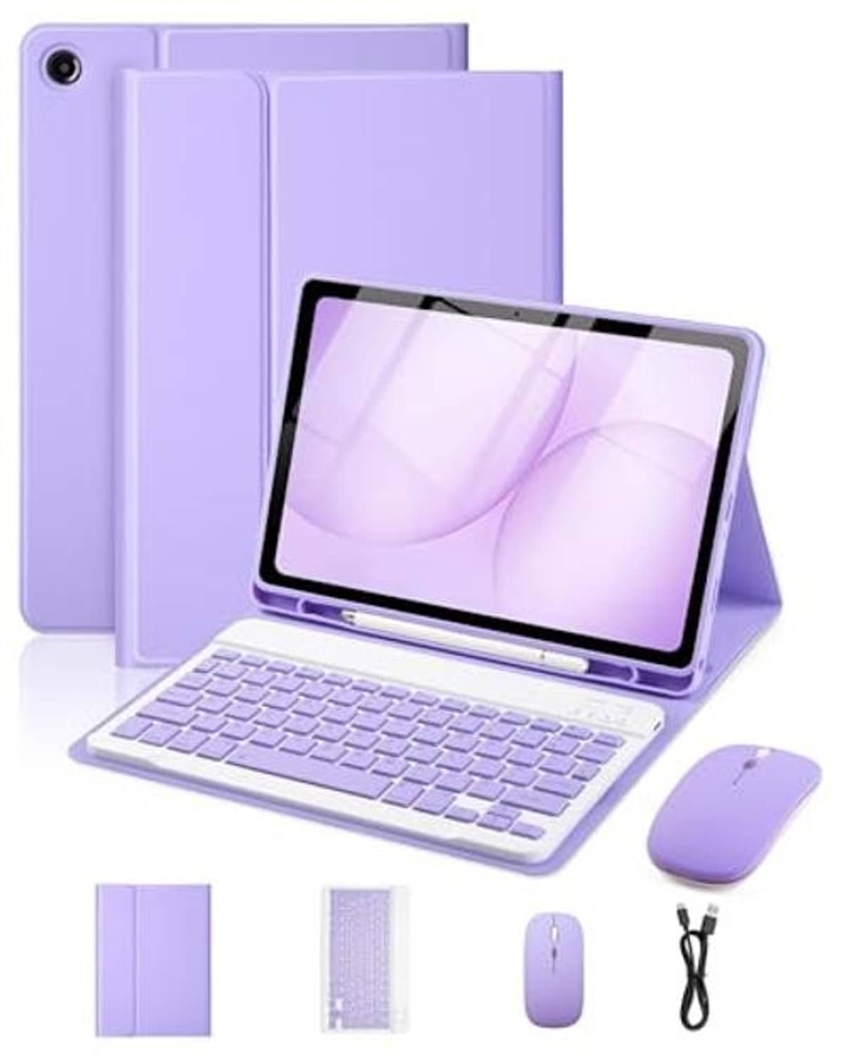 Purple tablet keyboard folio with wireless mouse, USB cable, and extra covers