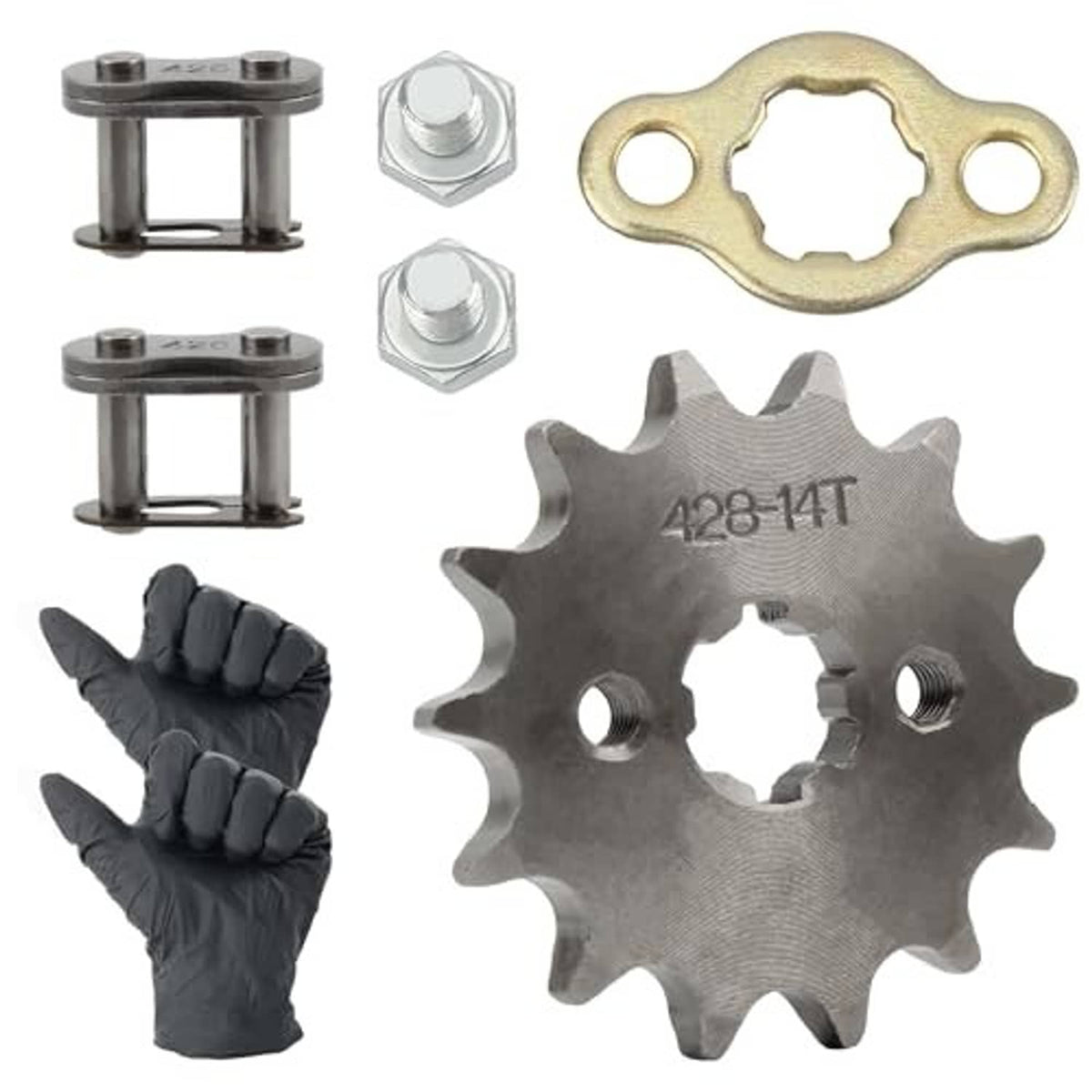 17mm front sprocket kit with gray 428-14T sprocket, gold plate, nuts, and gloves