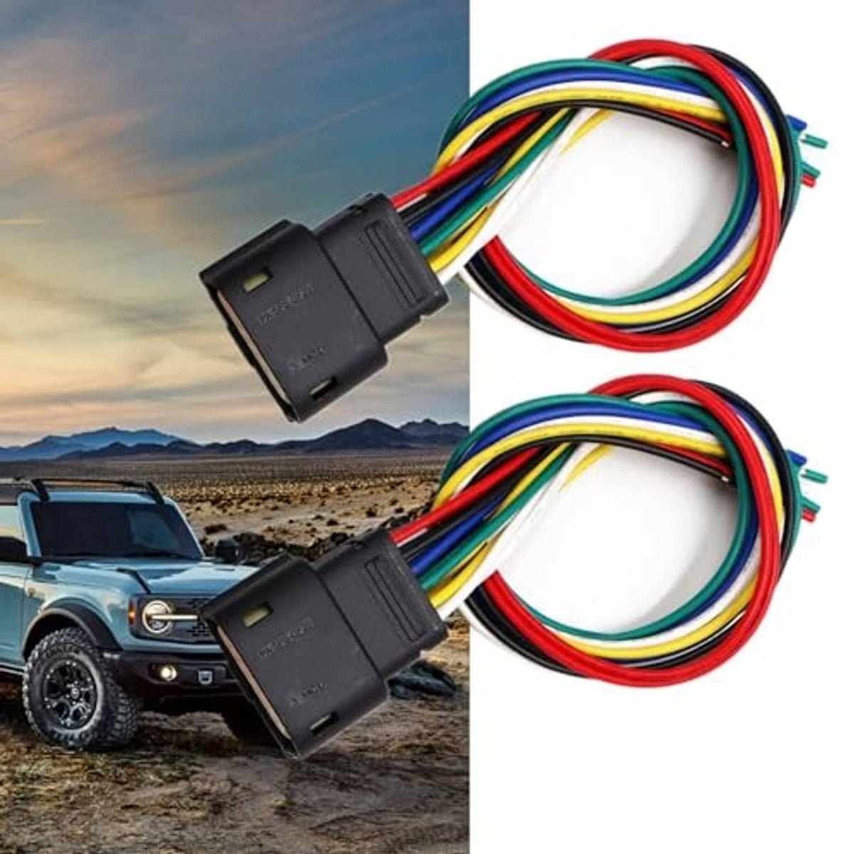 Headlight wiring connector with black plug and multi-color cable leads; shown connected to vehicle