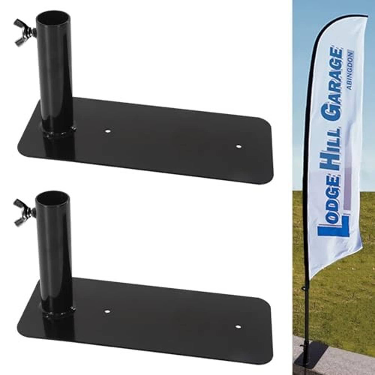 Black metal tire flag pole mounts set, two base plates with adjustable hardware