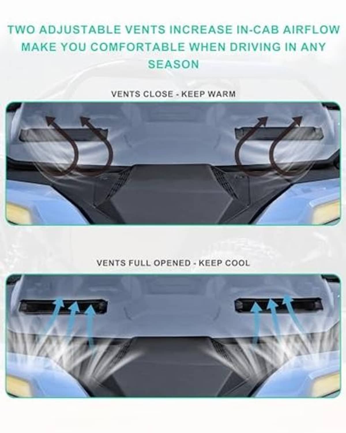 Front windshield with adjustable vent openings to control airflow
