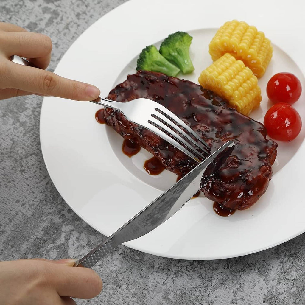 Stainless steel fork and knife with hammered handles, silver finish