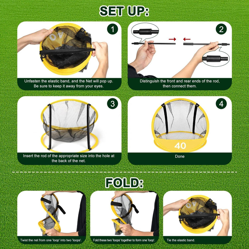 Golf chipping net set-up shown with elastic band and pop-up frame for target net
