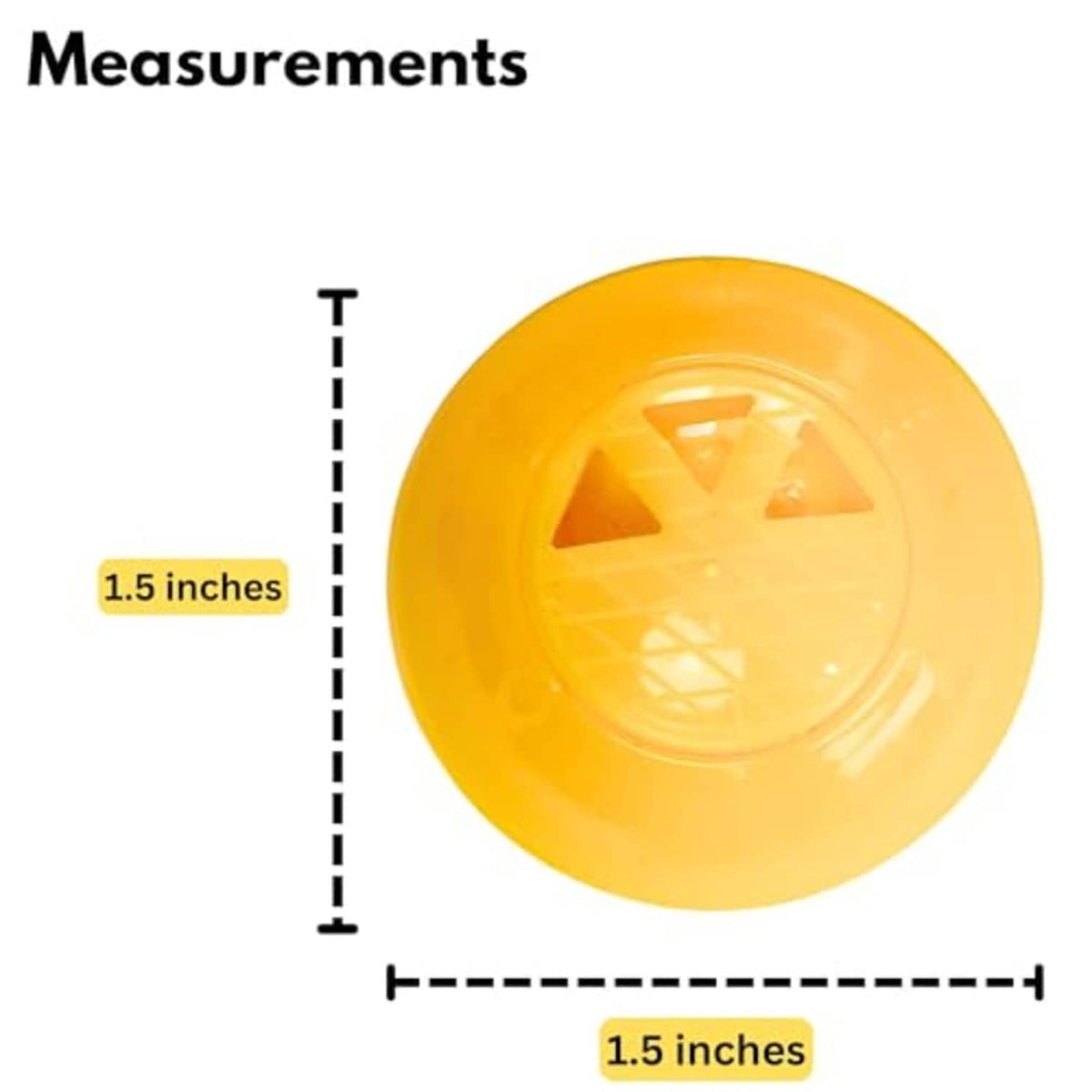 Yellow deodorizer sphere with star symbol, with 1.5-inch length measurement.