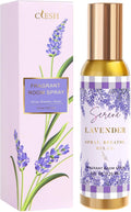 Lavender room spray bottle with gold cap and purple floral label, shown with box