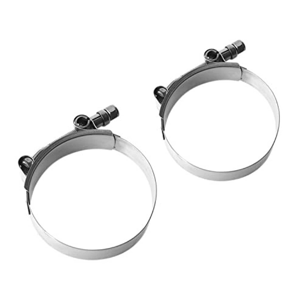 Pair of stainless steel T-bolt hose clamps with black bolt heads, two angles shown