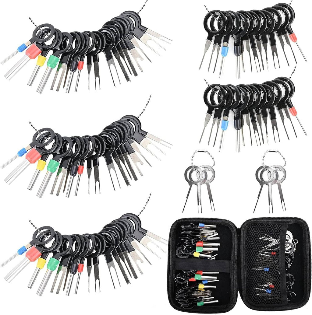 Terminal pin extraction kit set with multiple metal pins and black zip storage case
