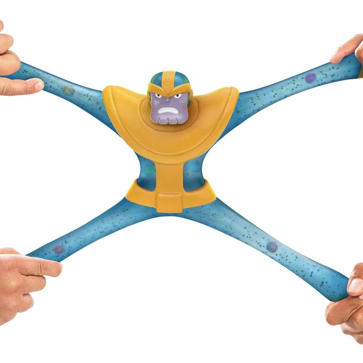 Stretchy Thanos figure being stretched into an X shape, blue speckled limbs and yellow armor
