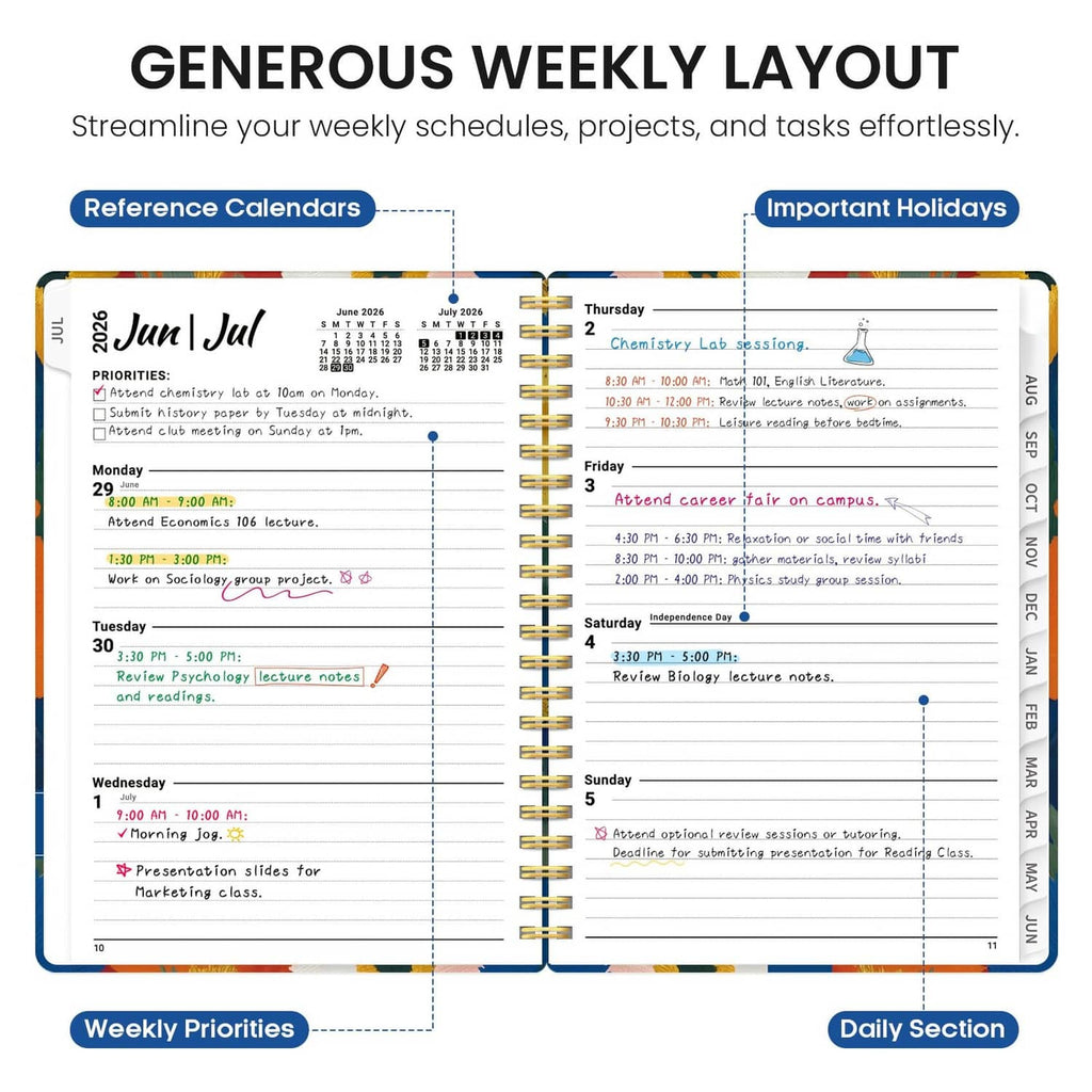 2026–2027 weekly planning page with priorities blocks and daily schedule sections