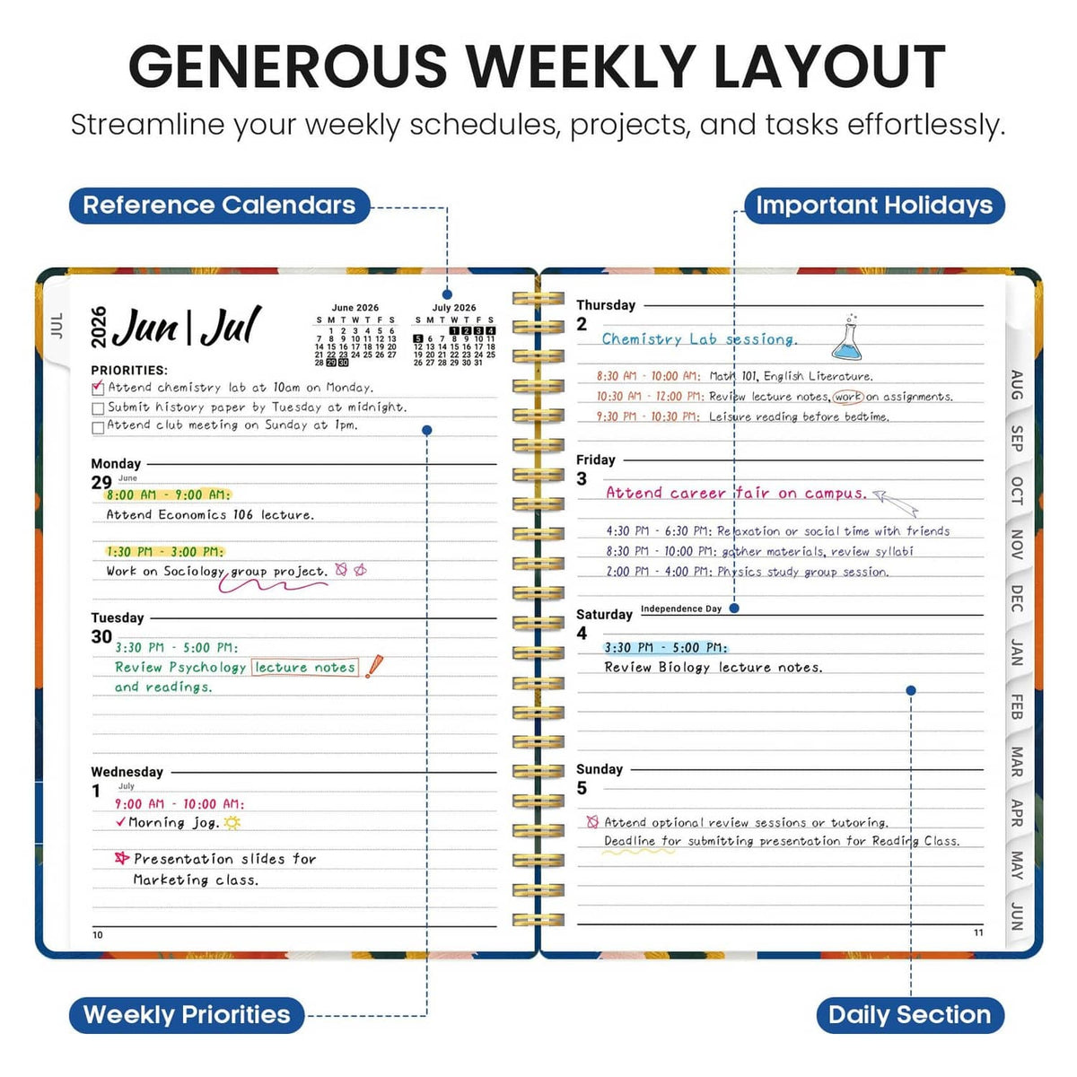2026–2027 weekly planning page with priorities blocks and daily schedule sections