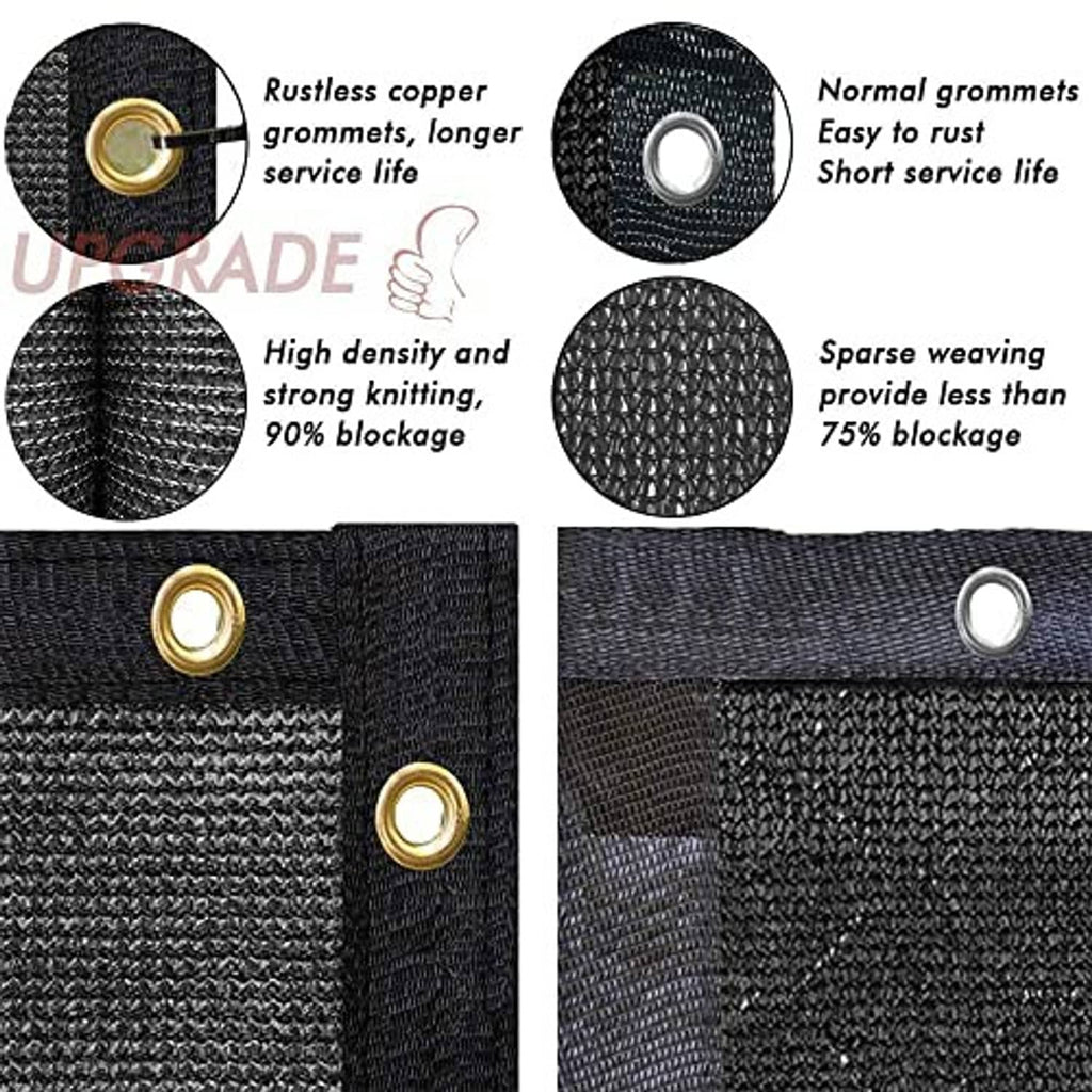Close-up of black woven fence screen fabric with rustproof brass grommet