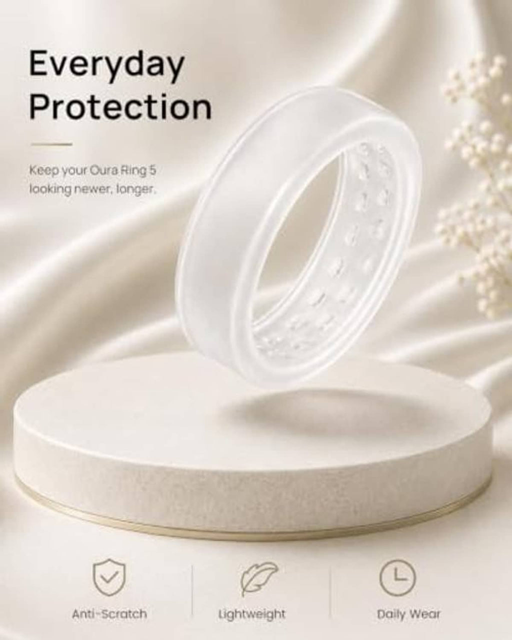 White soft silicone ring cover displayed with protective icons on label