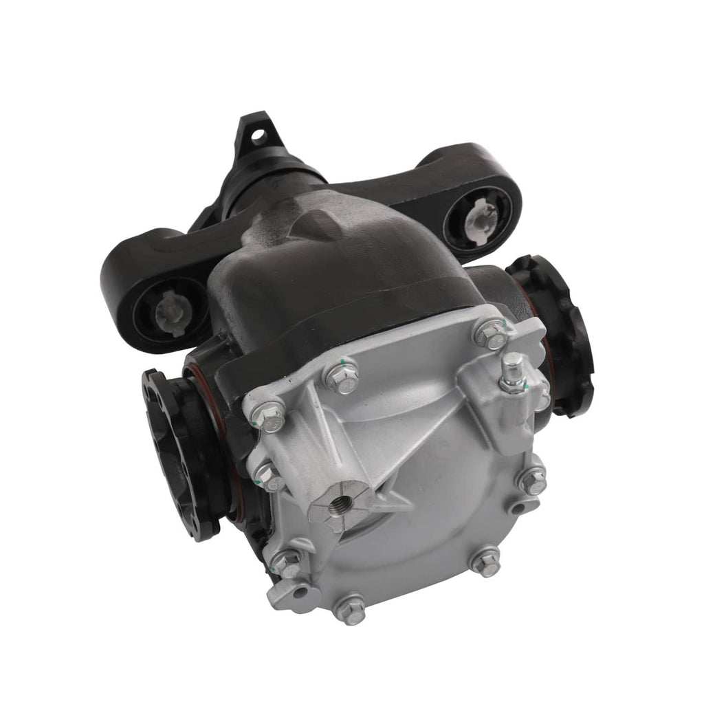 Rear differential carrier assembly with silver gear housing and black mounting frame