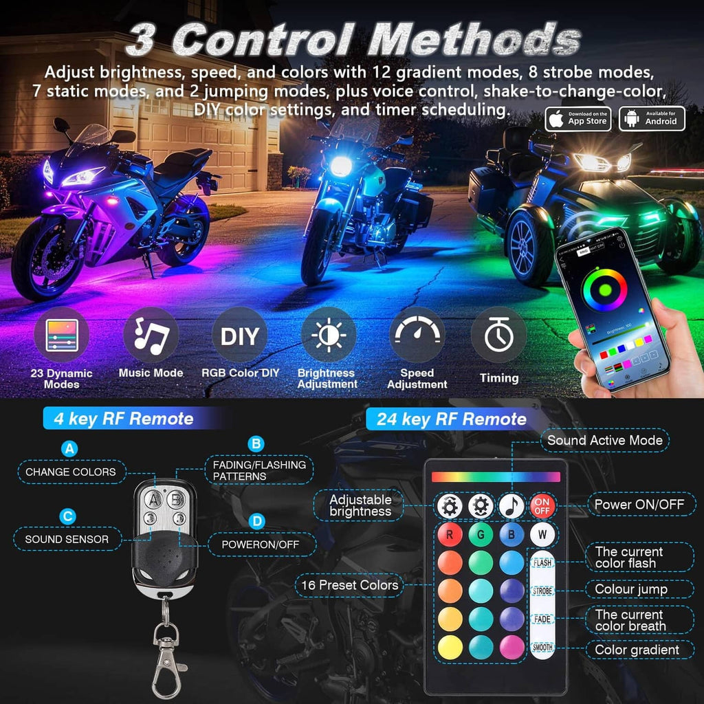 Motorcycle RGB LED light kit controlled by phone app and RF remote for multi-color modes