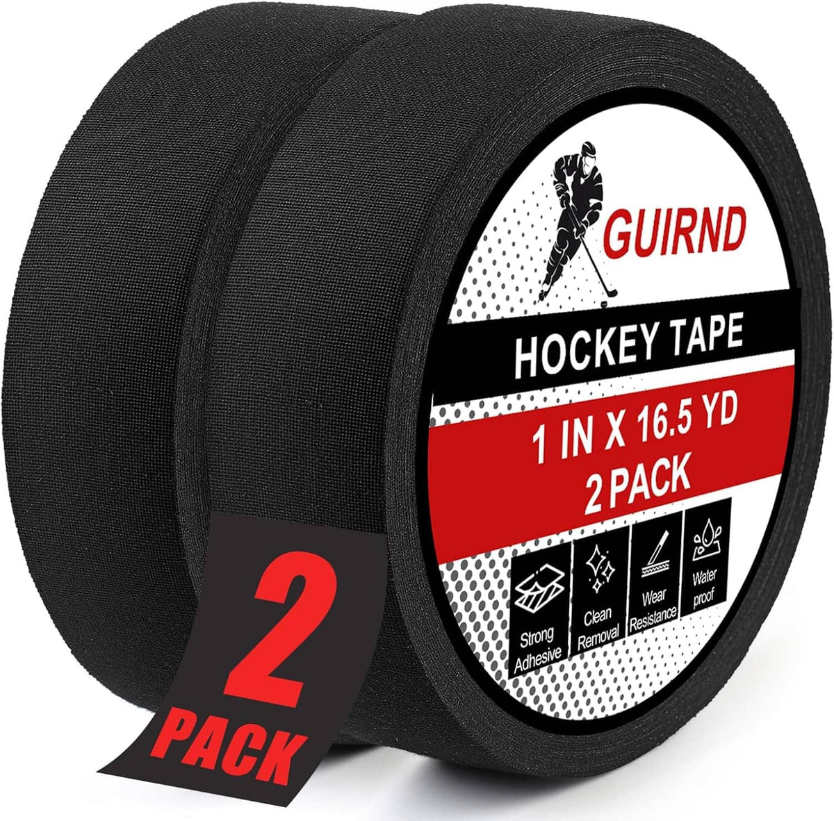 Black hockey tape 2-pack with label on two rolls, strong adhesive sports tape