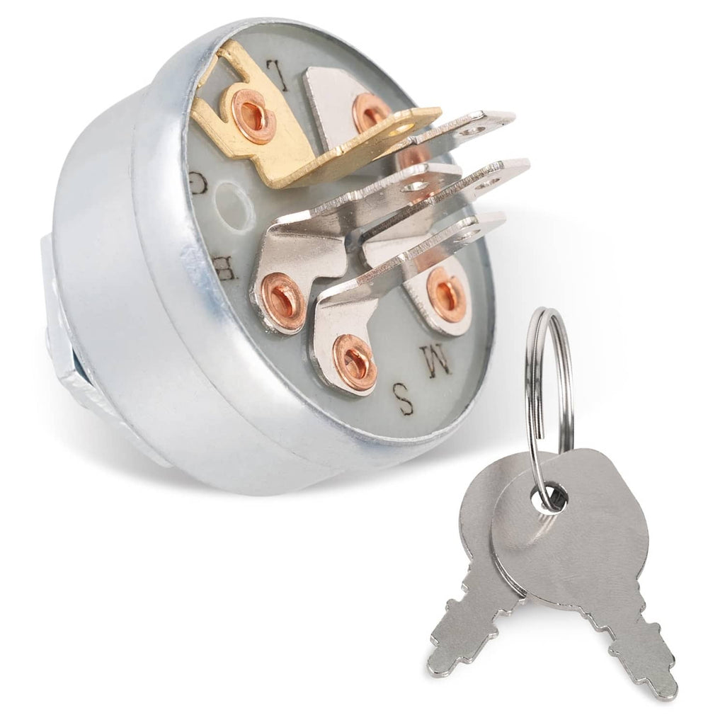 Metal ignition switch with key, circular housing and copper terminals