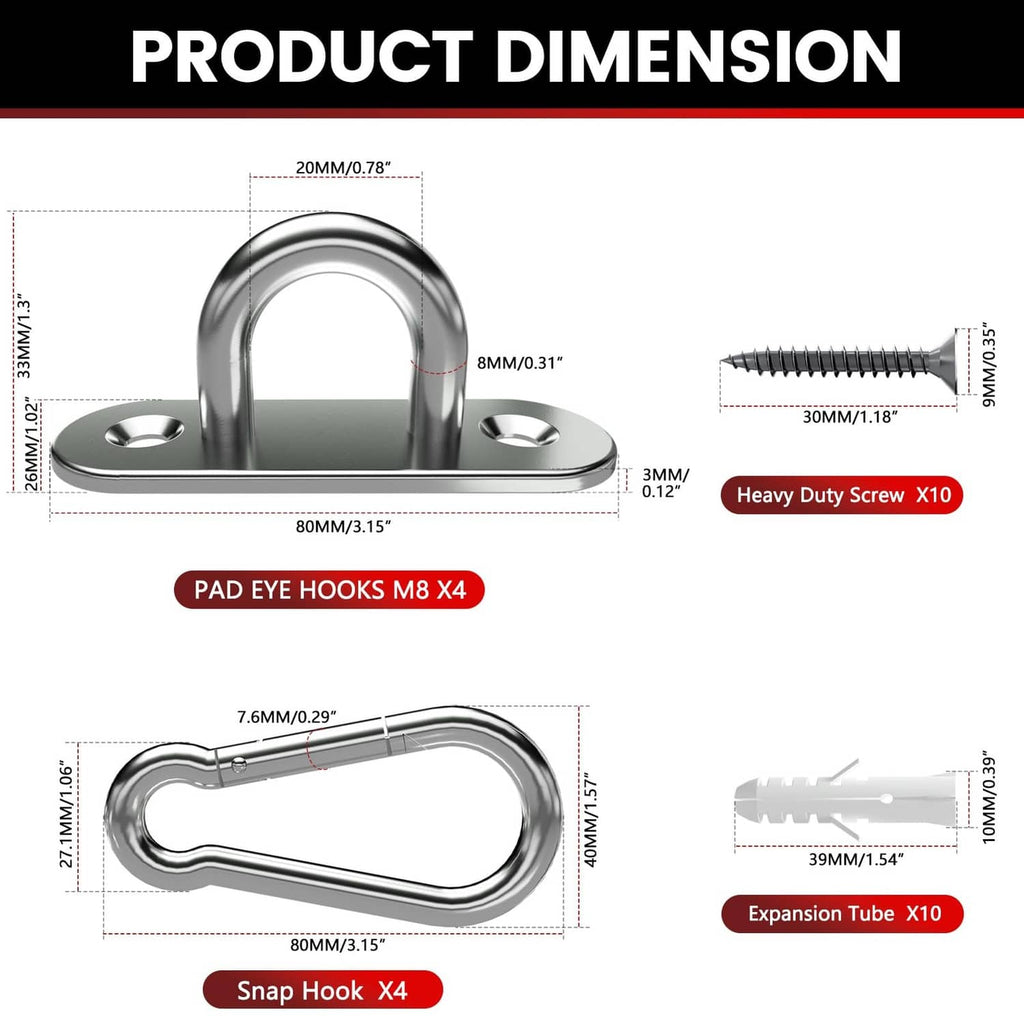 Pad eye hook M8 size diagram with expansion tube and heavy-duty screw