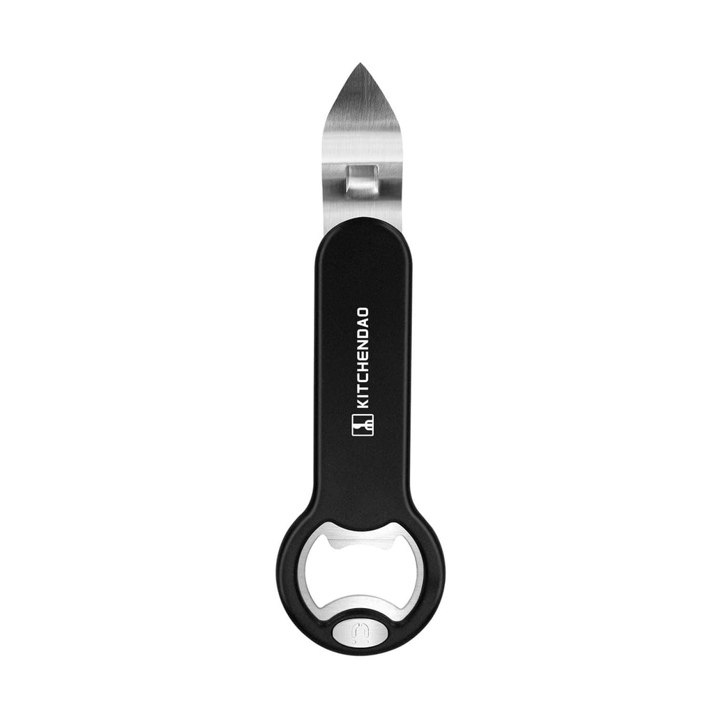 Magnetic bottle and can opener with black handle and silver cap-catching blade