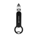 Magnetic bottle and can opener with black handle and silver cap-catching blade