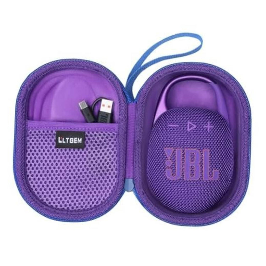 Purple hard-shell portable speaker case with zipper and blue wrist strap