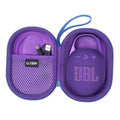 Purple hard-shell portable speaker case with zipper and blue wrist strap