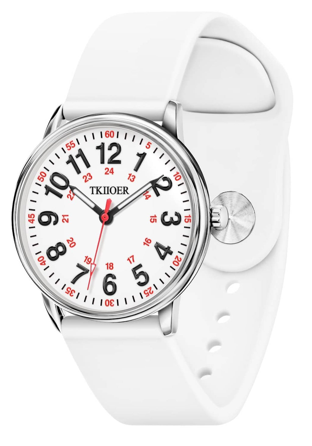 White TKIIOER nurse watch with round silver case, black/red dial, silicone strap