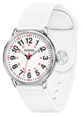 White TKIIOER nurse watch with round silver case, black/red dial, silicone strap