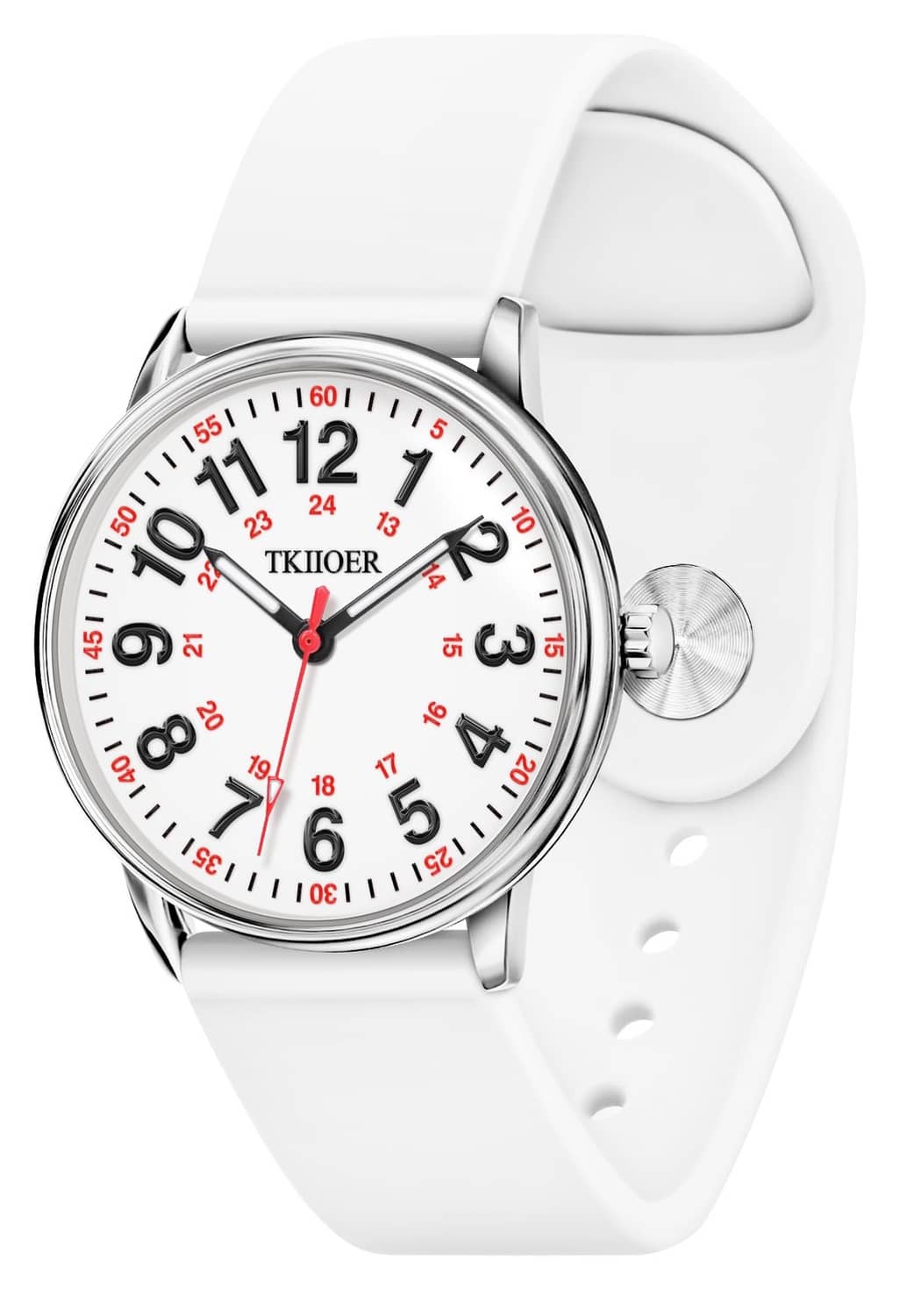 White TKIIOER nurse watch with round silver case, black/red dial, silicone strap