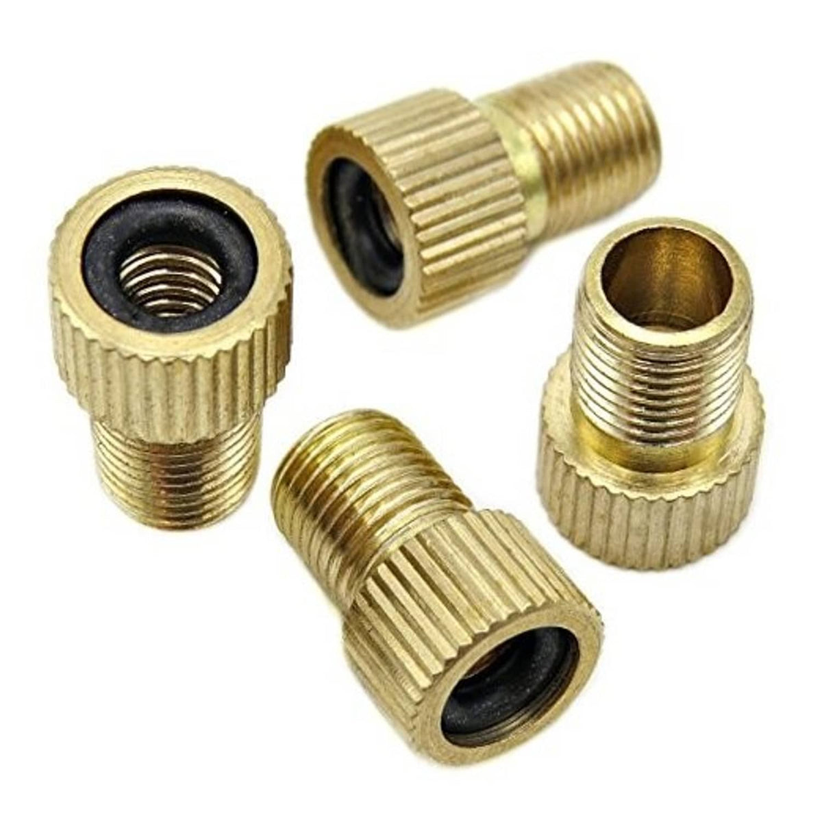 Brass Presta-to-Schrader valve adapter set with black rubber O-ring seals